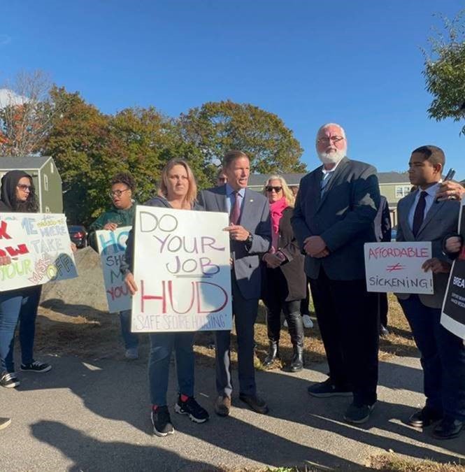 Blumenthal joined local officials to highlight the unsafe living conditions at Branford Manor Apartments and call for the U.S. Department of Housing and Urban Development (HUD) to review and revamp their inspection and oversight process of federally subsidized housing units. 